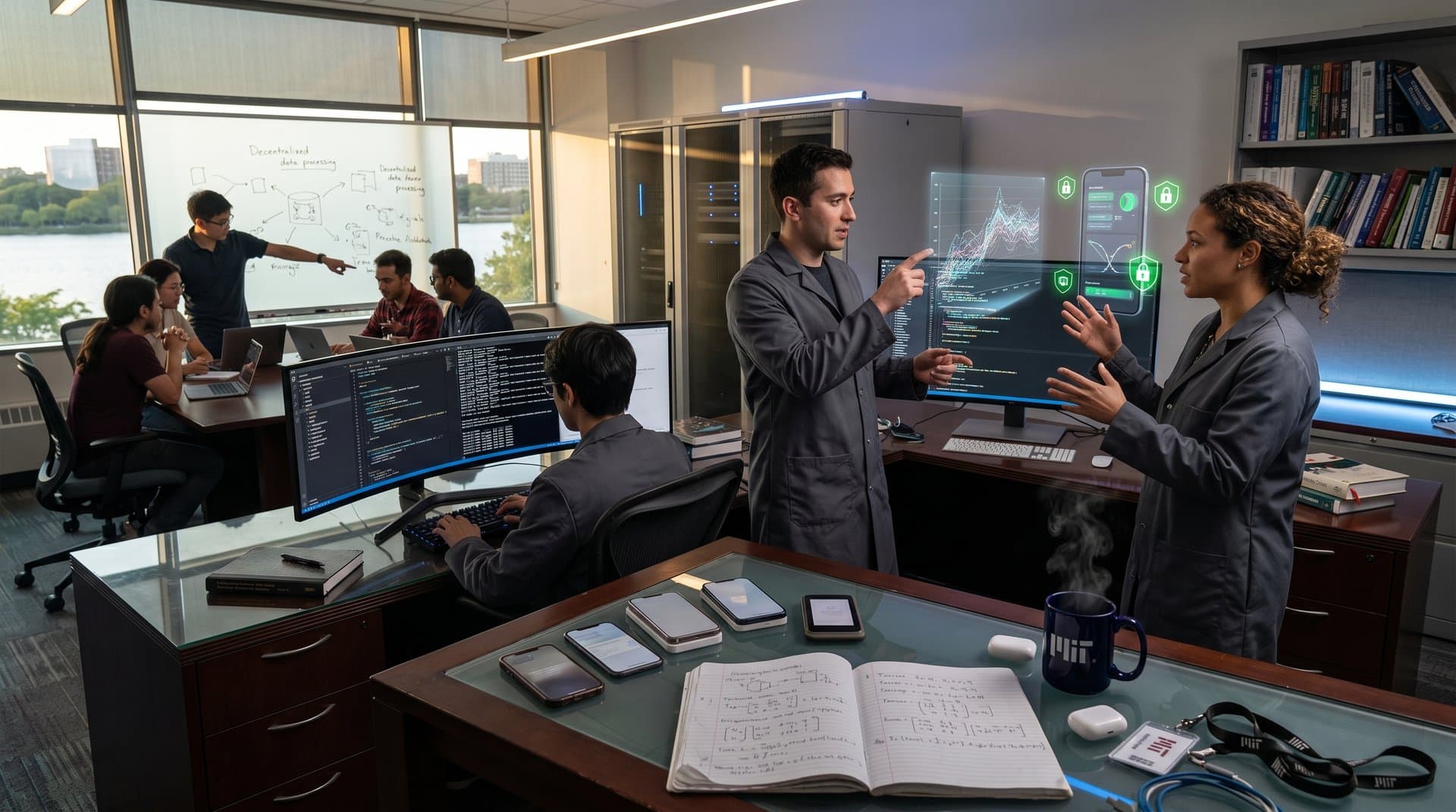 MIT lab scene with holographic AI training graphs on smartphones, privacy protocols on whiteboard, and efficiency charts in sunlit high-tech space