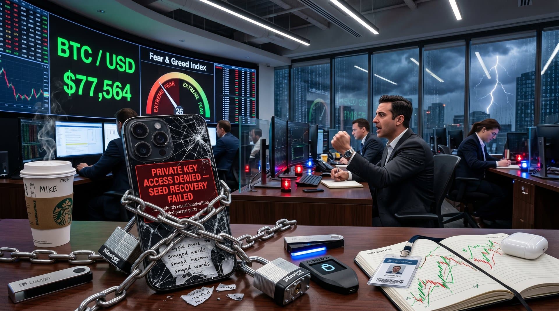 Locked smartphone with crypto wallet error amid threat charts and Fear Index