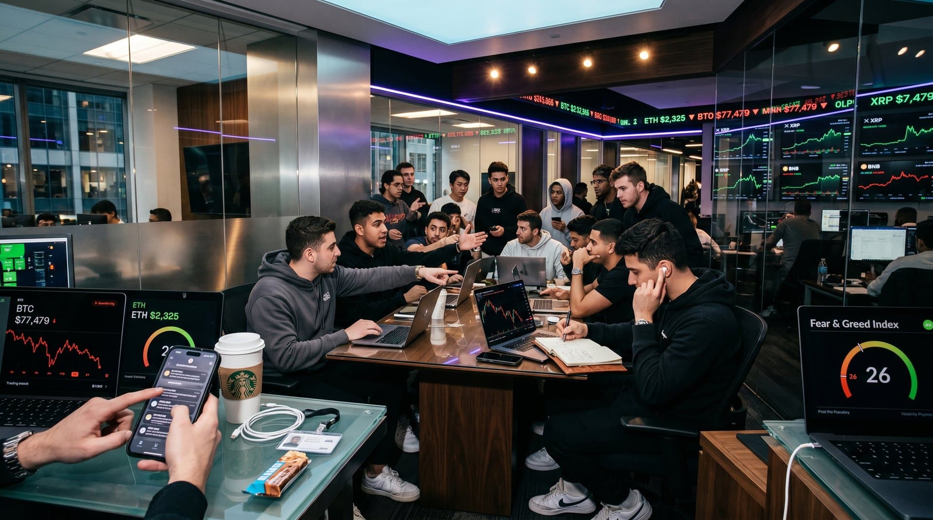 Retail traders using Robinhood app on phones and laptops, displaying crypto prices like Bitcoin at $77k, Fear & Greed Index at 26, in a vibrant co-working space