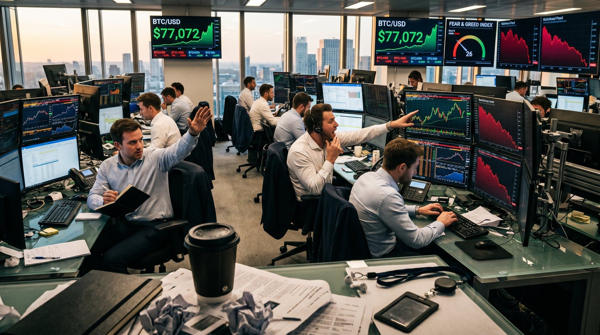 Trading terminals show crypto charts with Bitcoin at $77k, Fear & Greed at 26, and Robinhood metrics on busy floor