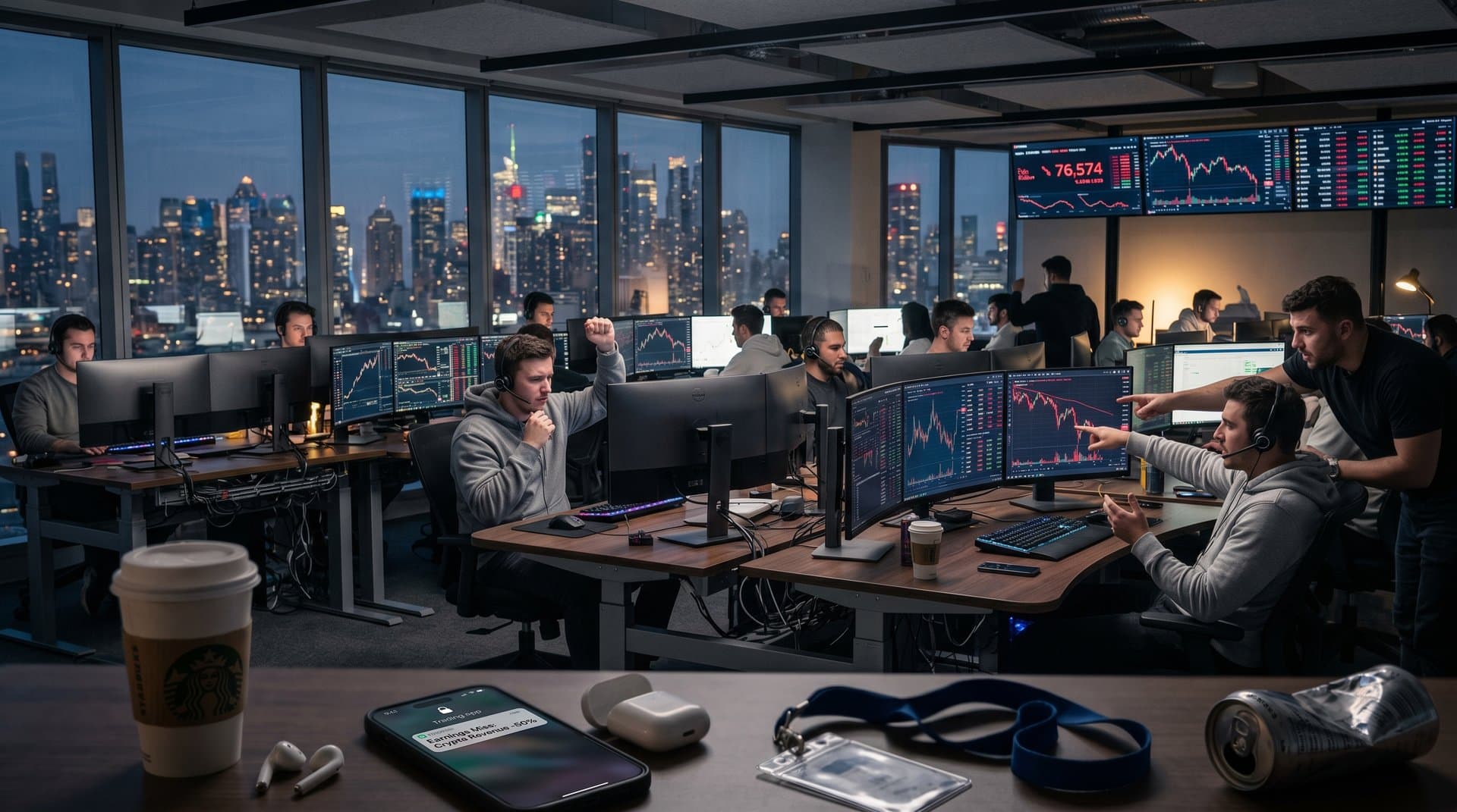 Fintech trading screens showing Robinhood crypto revenue crash, Bitcoin charts, Fear & Greed Index amid market fear
