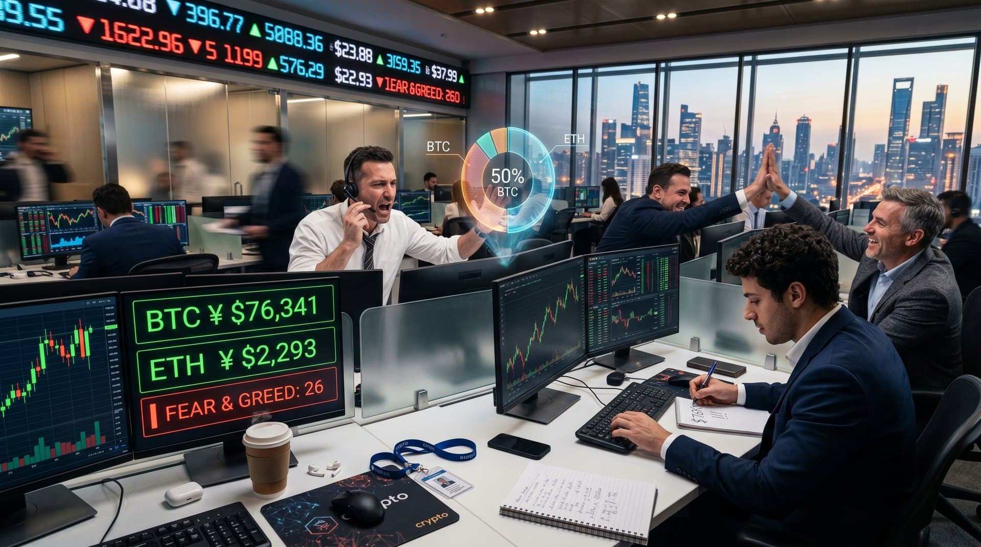 Traders monitor Bitcoin price charts at $76,341 and Fear & Greed Index at 26 on trading floor screens