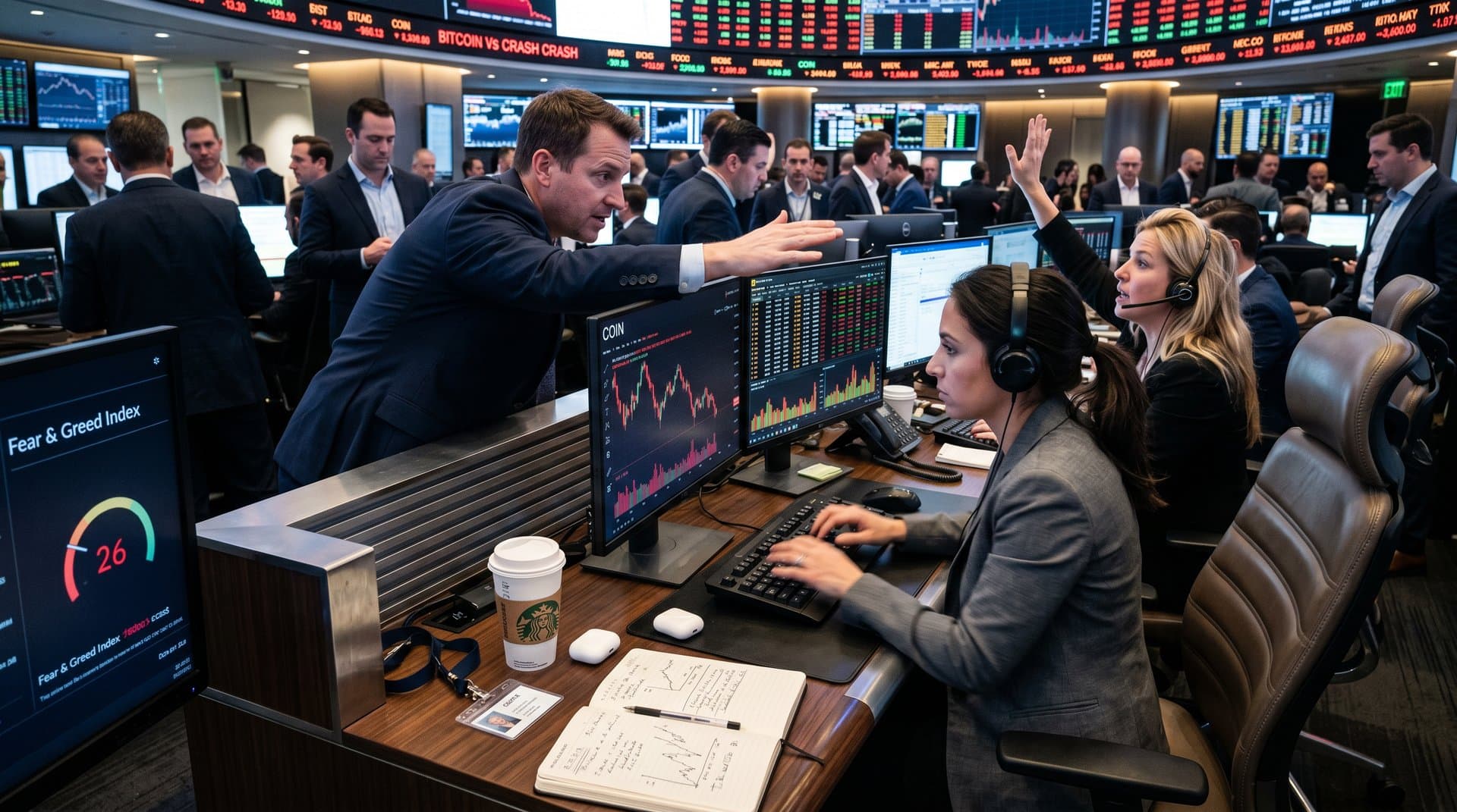 Trading screens show COIN stock decline and crypto charts with Fear & Greed Index on busy fintech floor