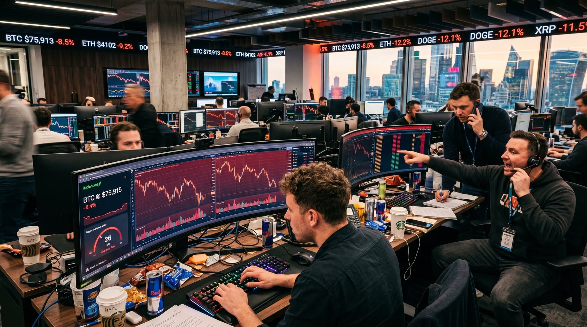 Fintech trading desk screens showing Robinhood app with declining BTC and ETH crypto charts, Fear & Greed Index at 26, coffee and tickers in modern office
