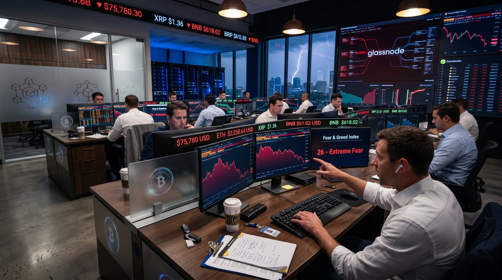 Trading floor with screens showing red BTC and ETH crypto charts at $75,780 and $2,258.64, Fear & Greed Index at 26, desks with coffee cups and tickers in tense atmosphere