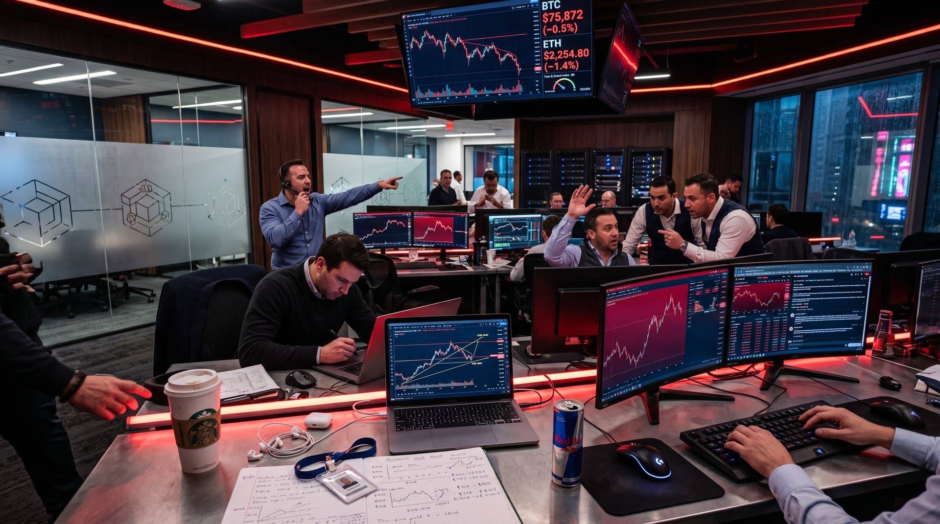 Fintech trading floor screens showing Robinhood crypto revenue impact, declining Bitcoin and Ethereum prices, Fear & Greed Index at 26