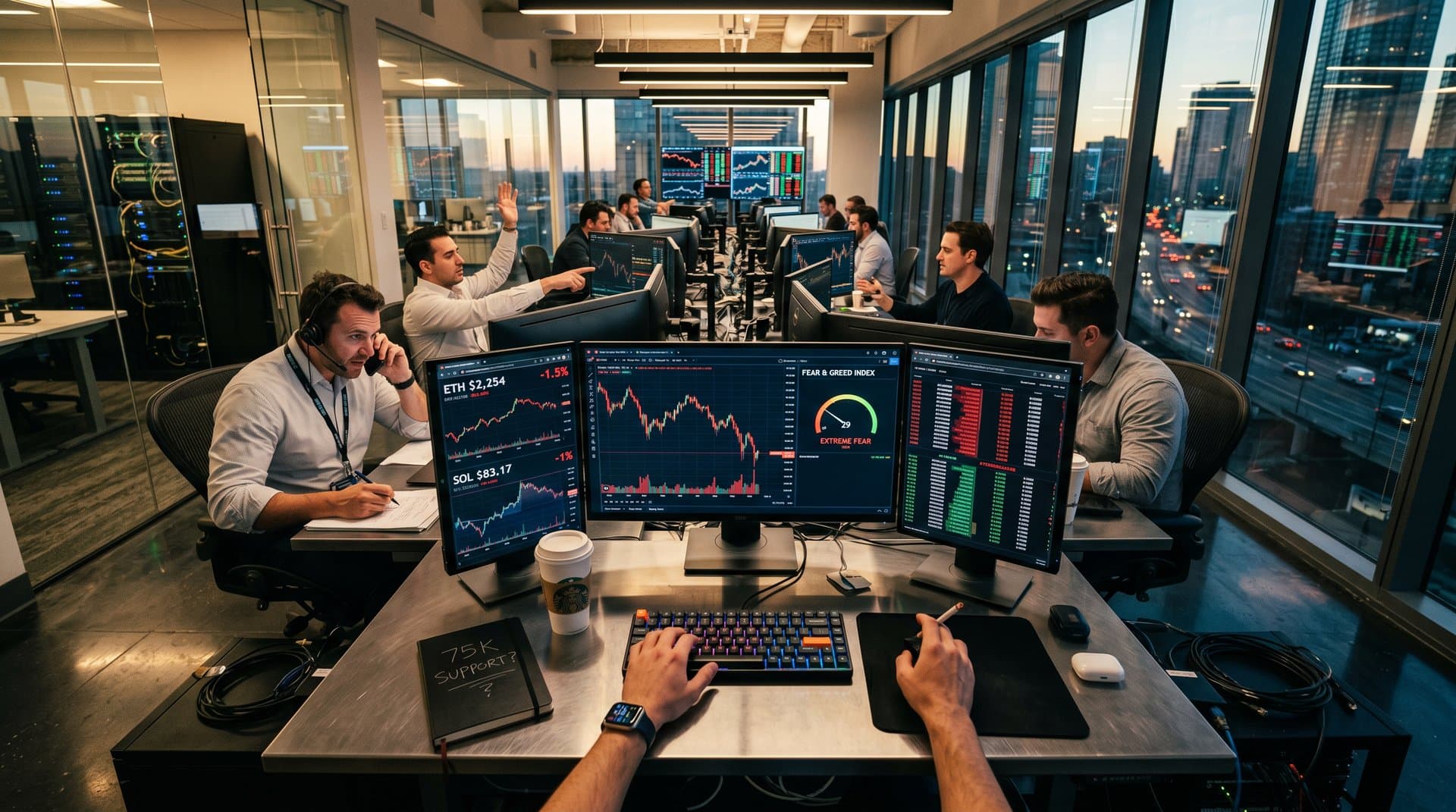 Traders at Bloomberg terminals on Goldman Sachs floor study red crypto charts on multi-monitors amid LED lights and glass walls