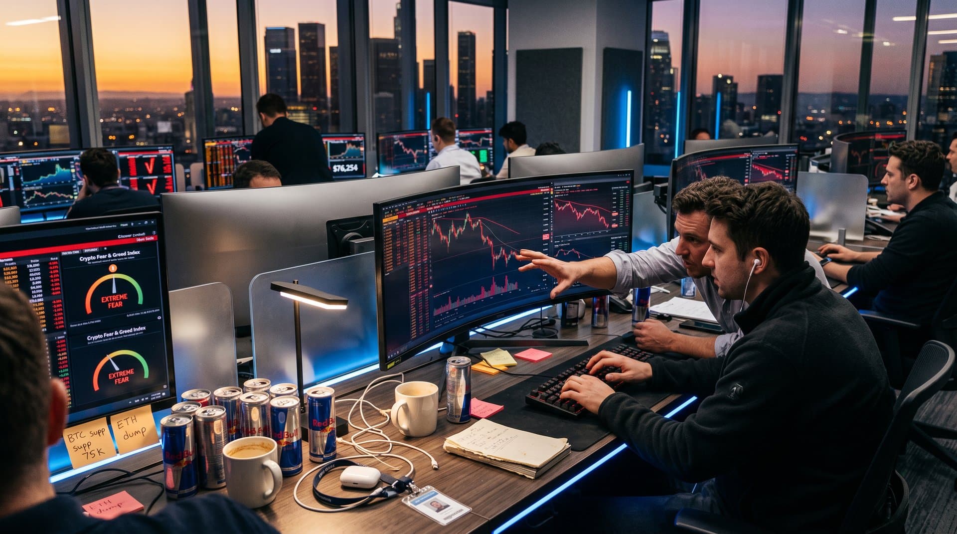 Fintech trading screens showing Robinhood cryptocurrency revenue charts declining amid BTC $76K drop and Fear & Greed Index at 29, urgent modern office setup