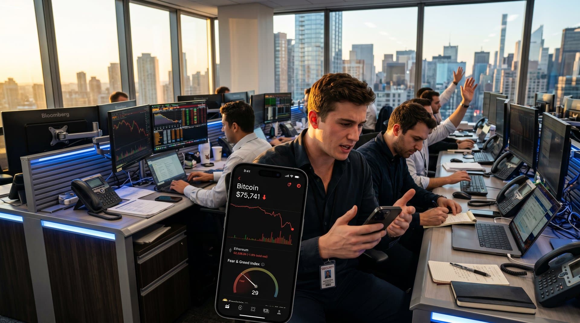 Robinhood app screen showing declining crypto prices with BTC at $75,741 and Fear & Greed at 29 in red charts