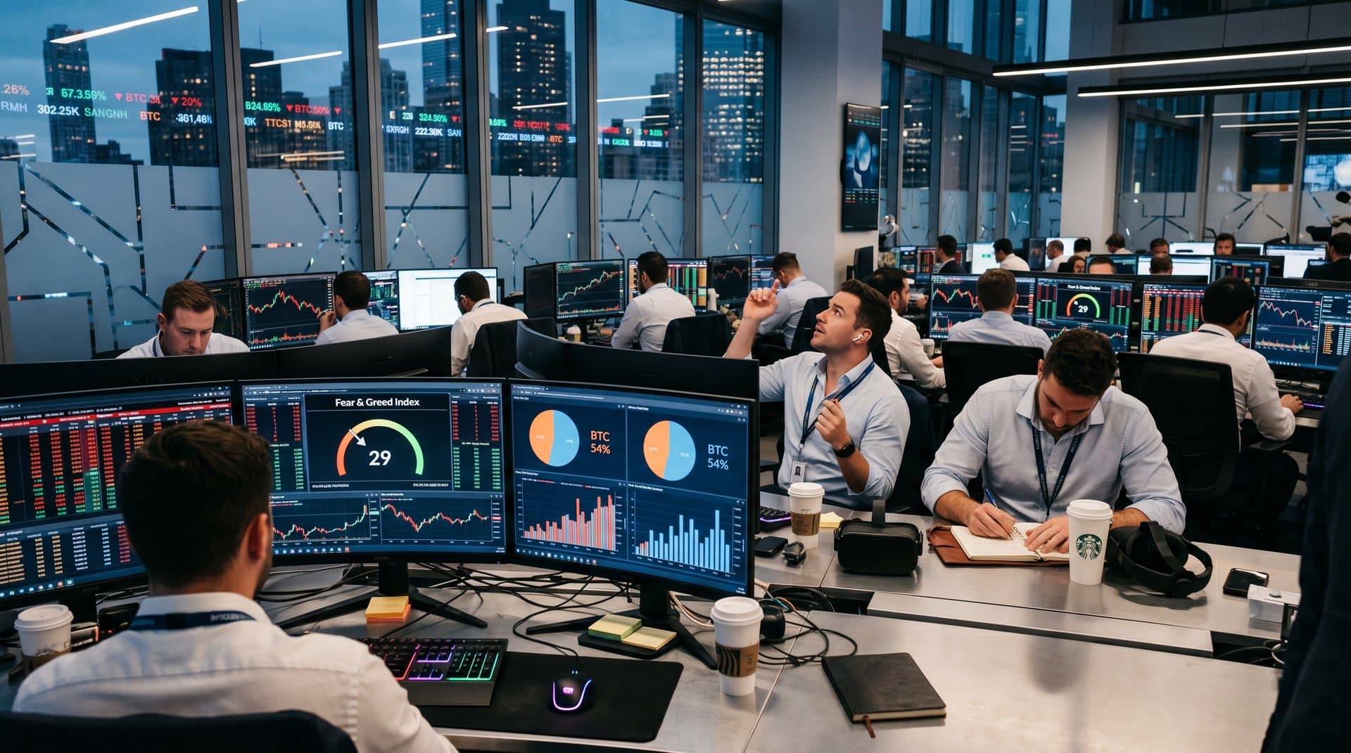 Traders monitor crypto charts showing Bitcoin at $75,723 and top 10 rankings on trading floor amid volatility