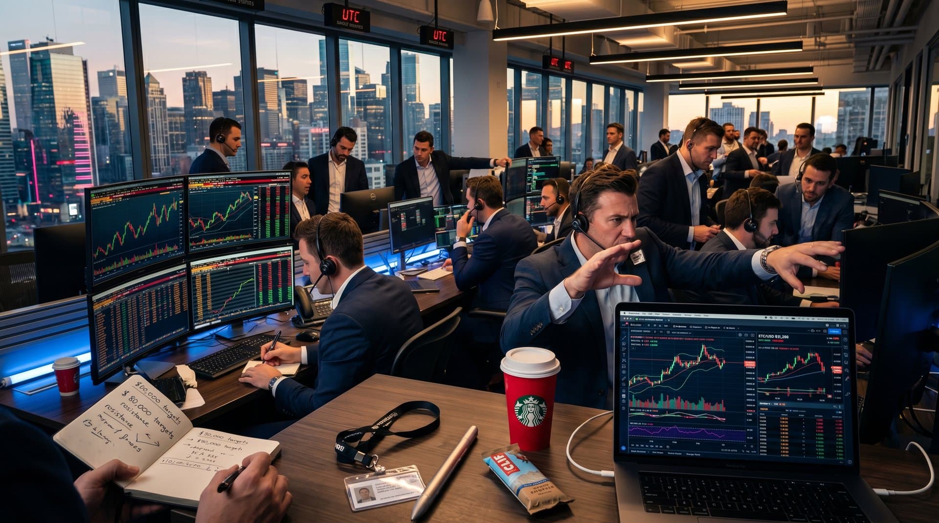 Traders at crypto desk study screens with Bitcoin charts and live data on multiple high-end monitors