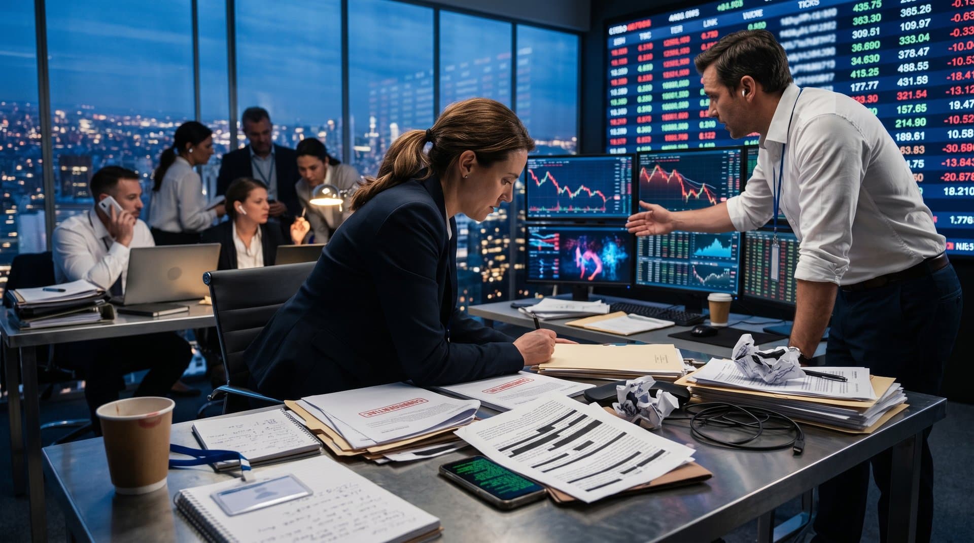 Leaked court documents, text messages, and declining Bitcoin charts on desk amid AI corporate tension