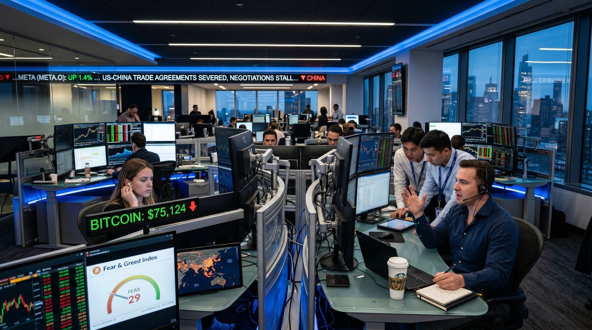 Traders monitor red crypto charts and Meta China deal reversal news on bustling high-tech trading floor