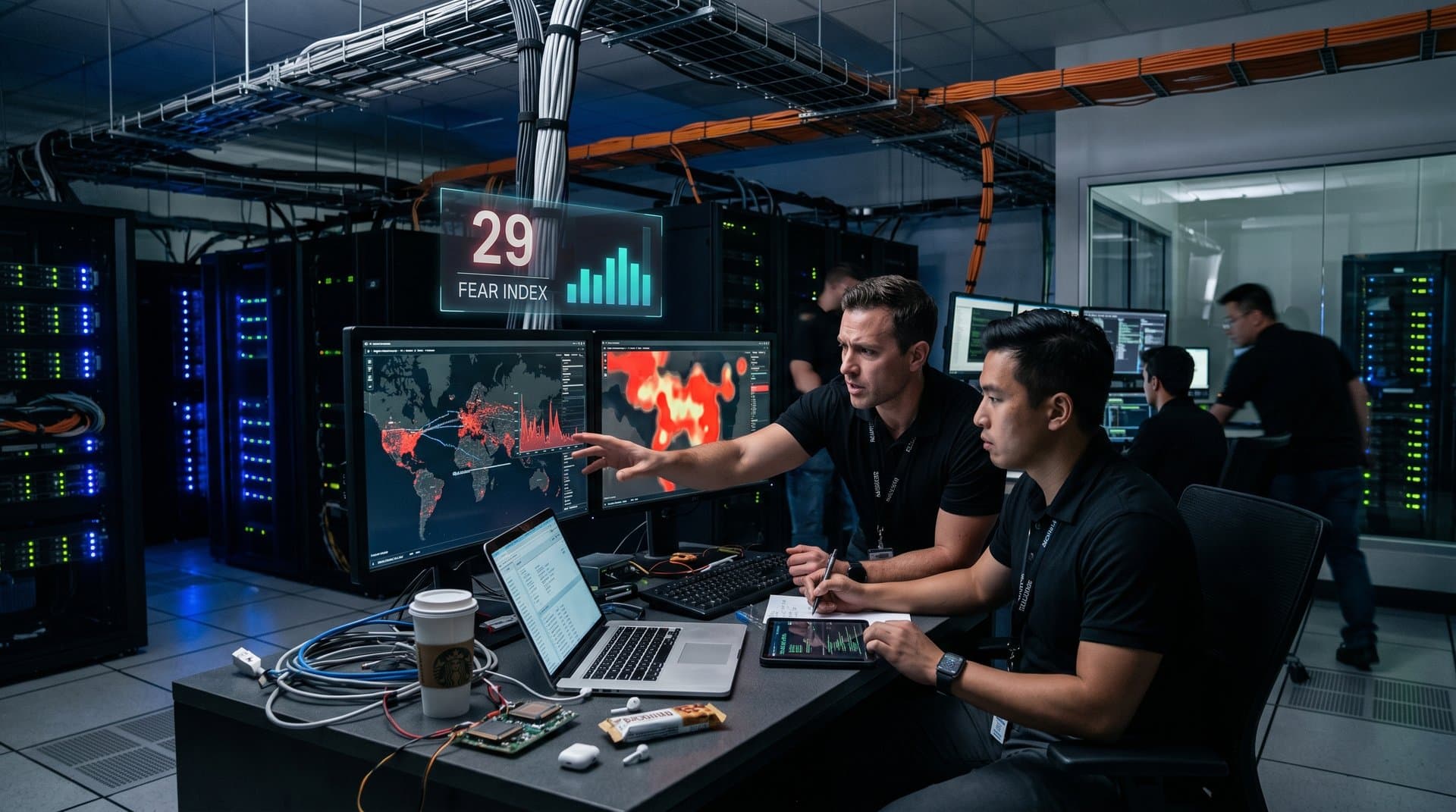 High-tech data center with server racks, cybersecurity monitors showing alerts, and abstract tech decoupling graphics