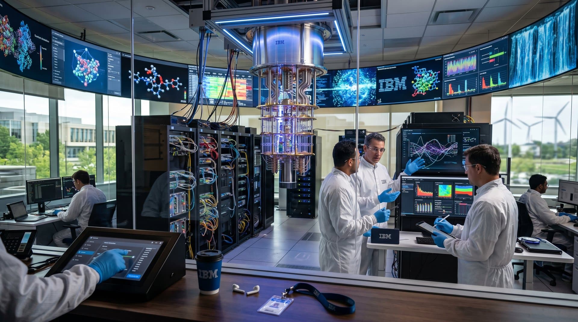 IBM quantum lab with cryogenic refrigerator, server racks, and qubit monitoring screens