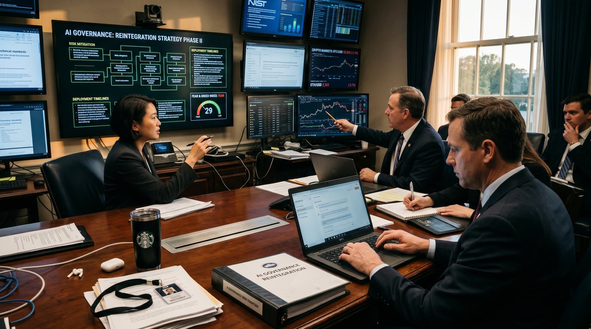 Advisors huddle in White House Roosevelt Room over laptops, tablets, and wall screen displaying AI policy charts and documents