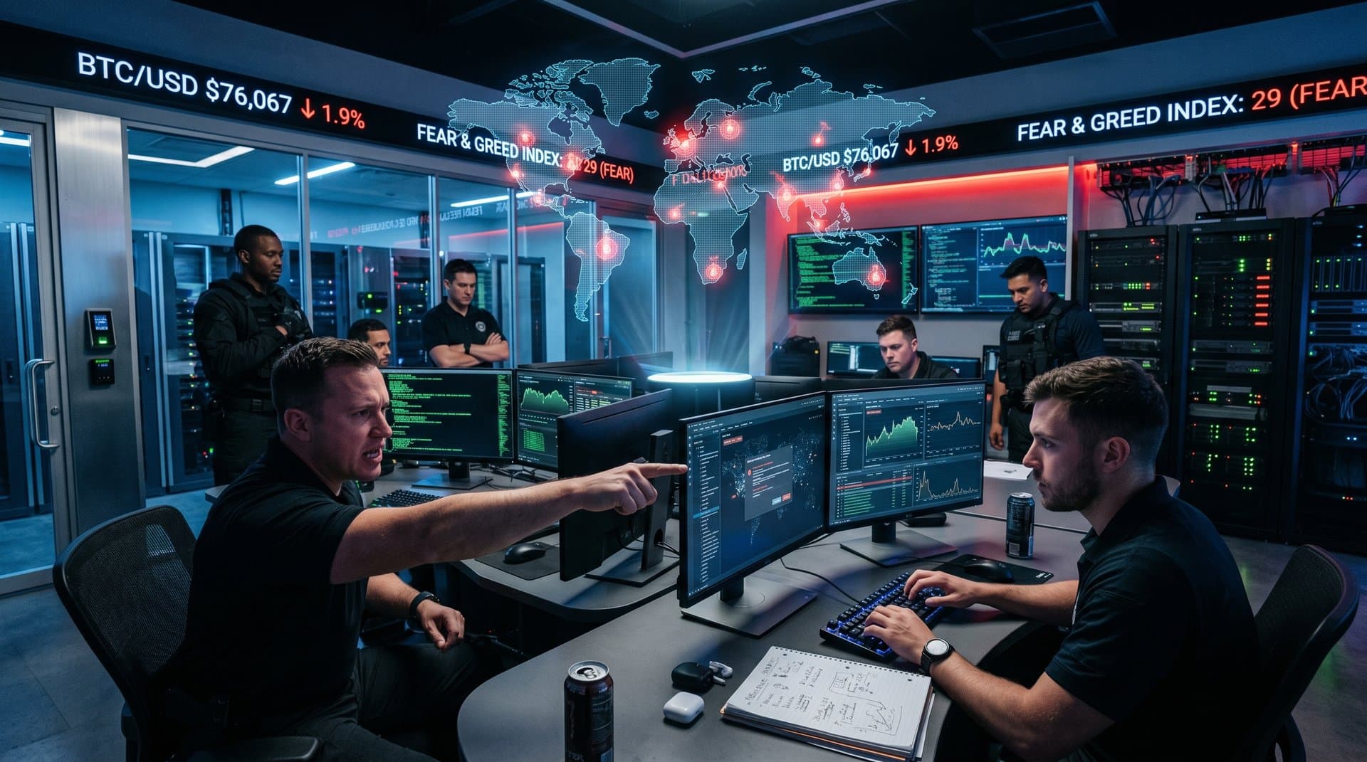 Cybersecurity team monitors AI super-hacker threats on glowing video walls in high-tech ops center