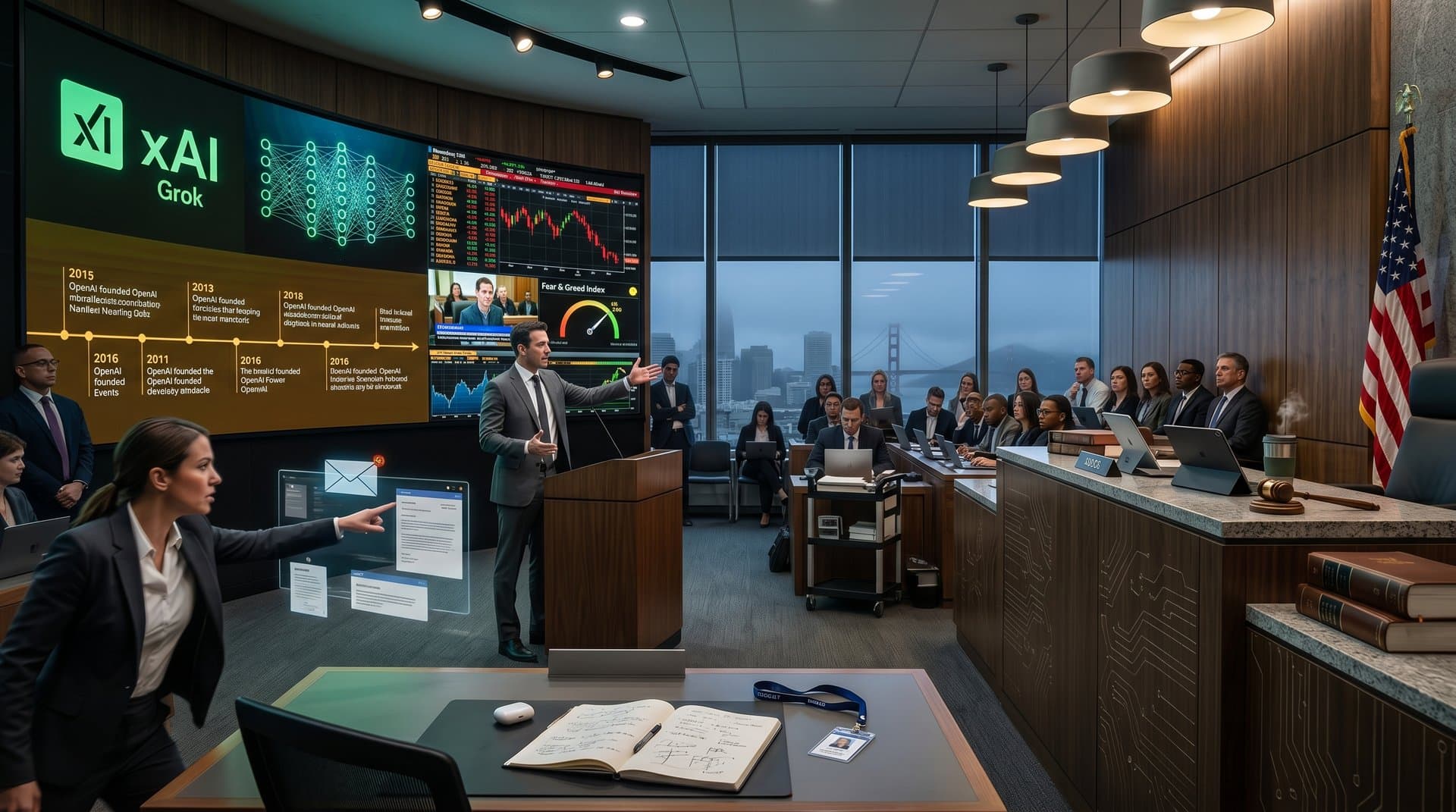 San Francisco courtroom with digital screens showing OpenAI and xAI documents, AI charts, judge's bench, and attentive audience during high-stakes testimony