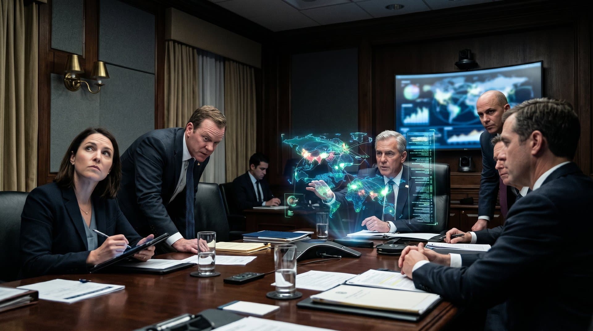 Holographic AI displays and secure servers in White House national security briefing room