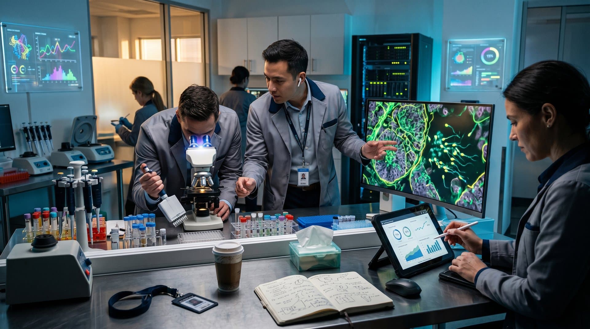 AI-enhanced screens in fertility lab highlight hidden sperm in biopsy images with glowing overlays and success charts