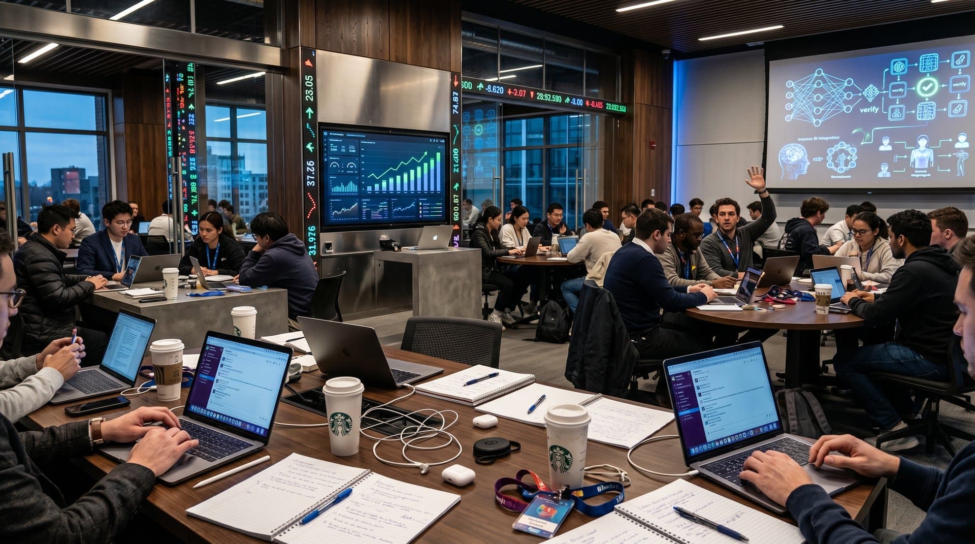 Classroom with AI detection overlays on essay screens and writing improvement charts