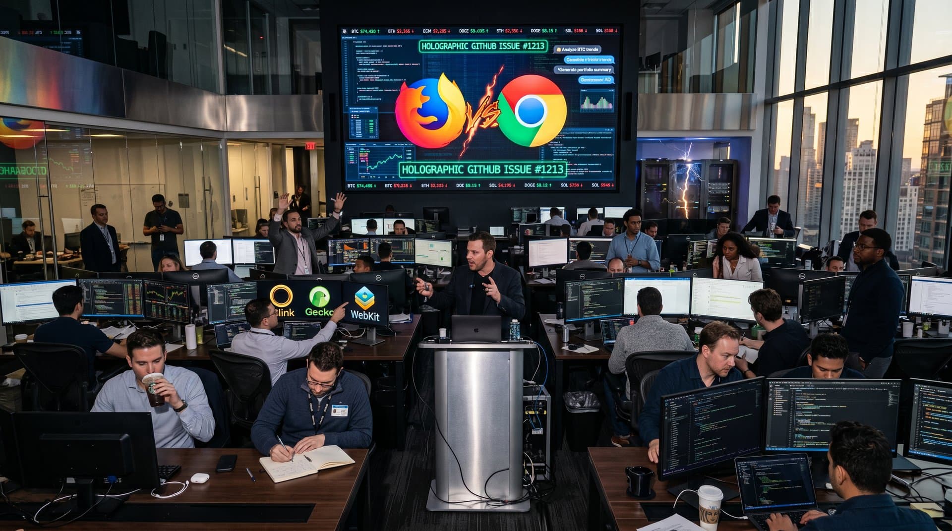 Cyberpunk clash of browser logos over GitHub issue with AI prompts and crypto charts