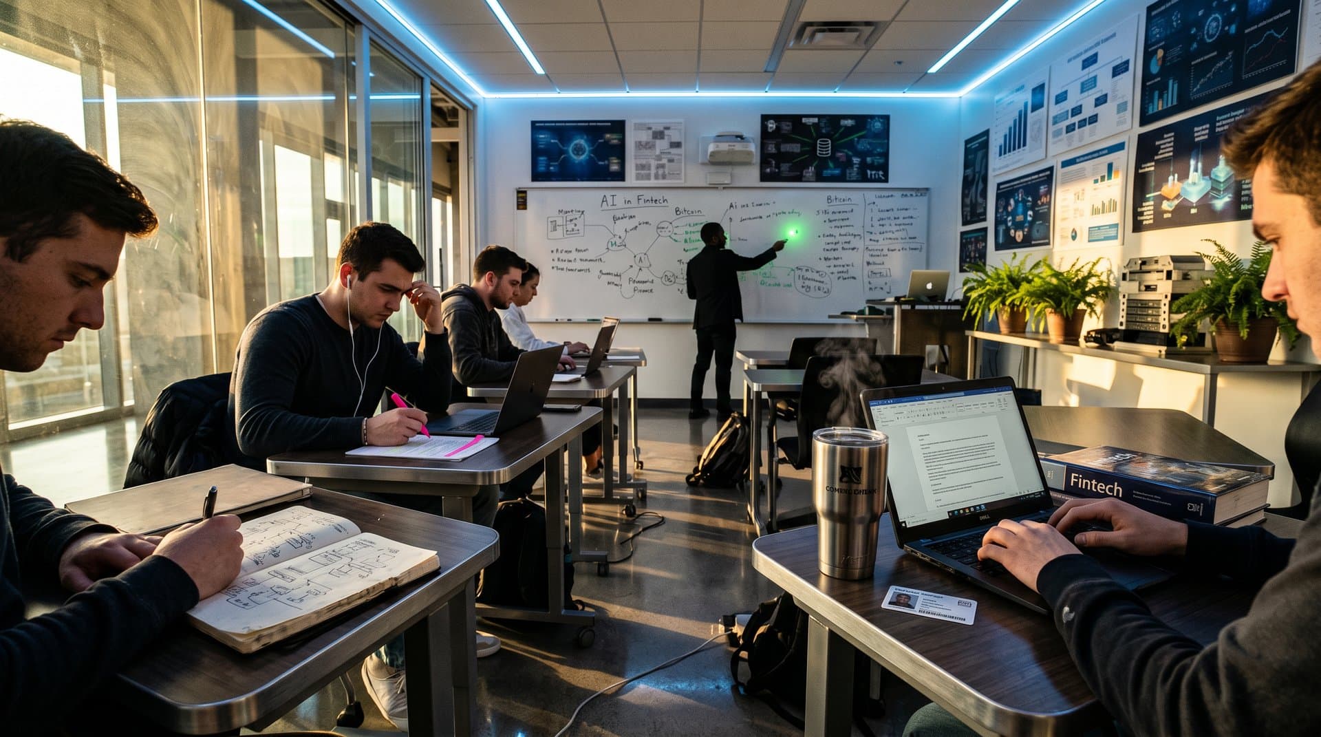 Classroom scene with laptops showing ChatGPT and stock charts, students writing creatively, teacher at whiteboard, modern tech education vibe