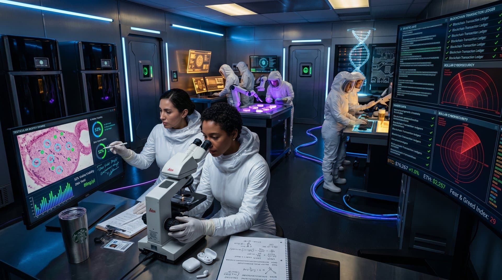 Scientists analyze hidden sperm in secure fertility lab with AI microscopes, cyber defenses, and BTC charts on screens