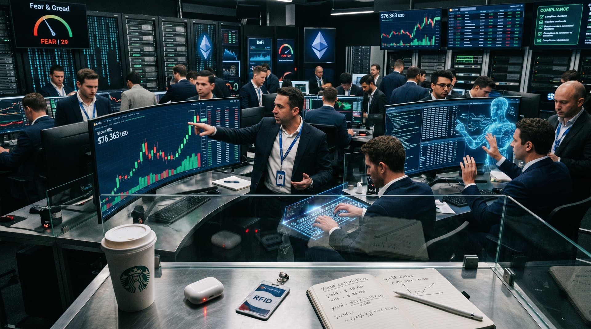 AI agents navigating software interfaces on screens amid Bitcoin charts and crypto metrics in fintech environment