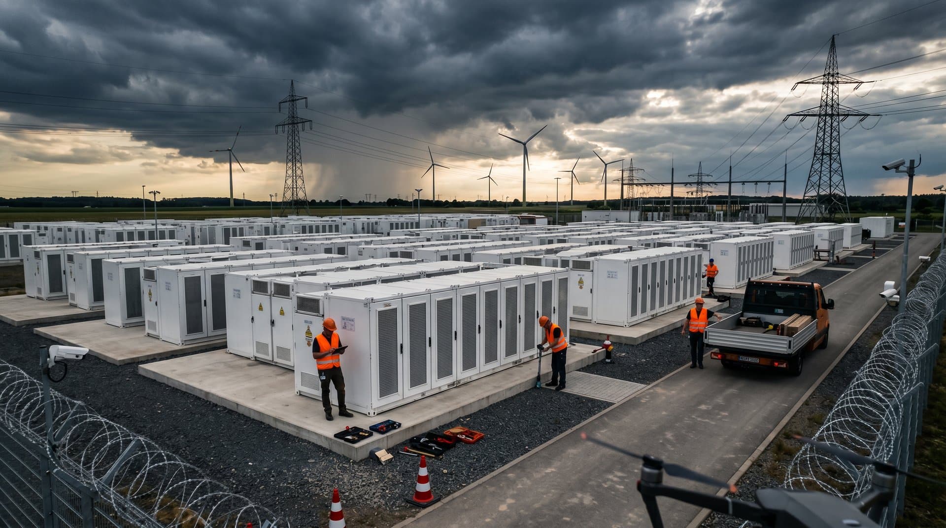 Aerial view of 1.4 GW Grohnde battery storage containers at repurposed nuclear site with wind turbines and grid lines