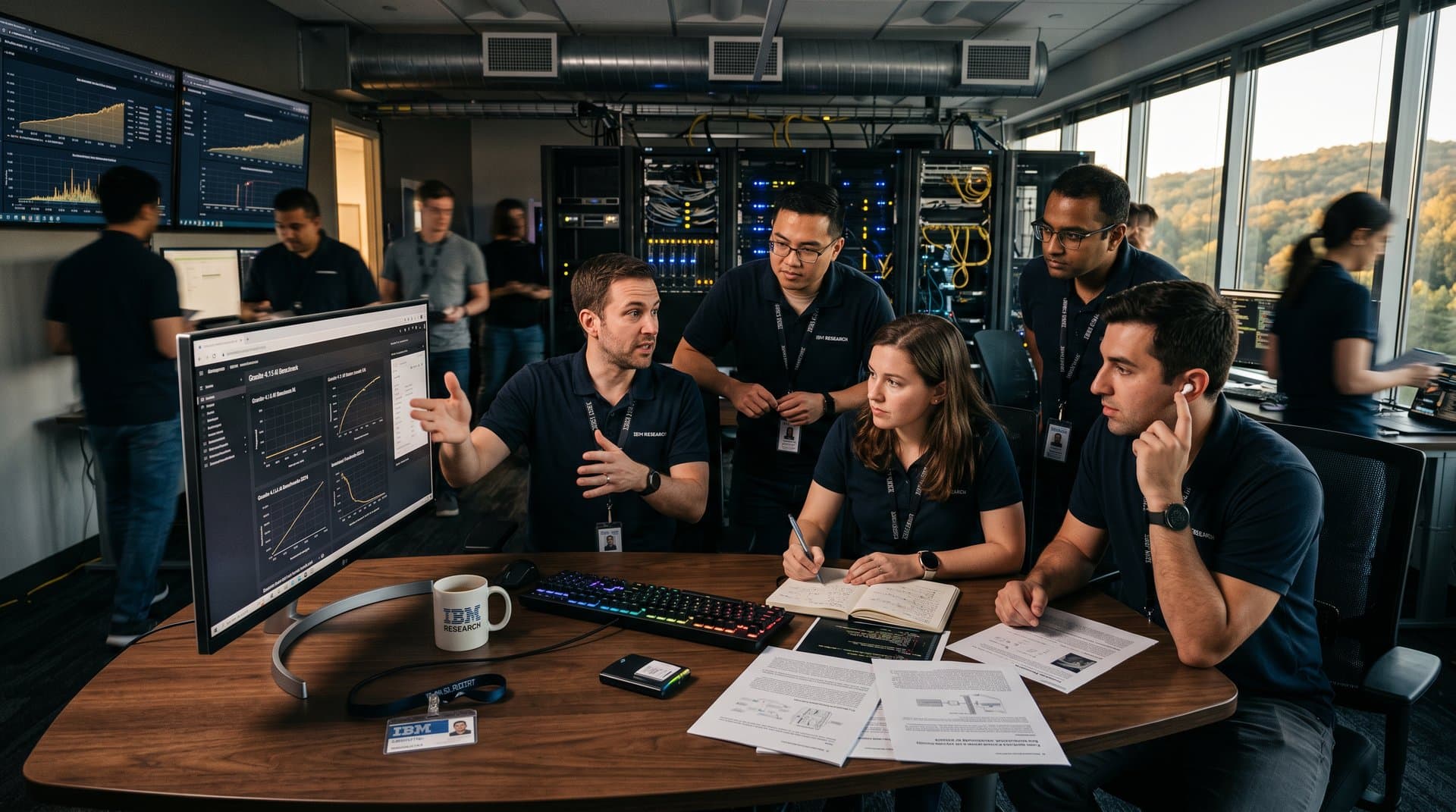 IBM Research lab with monitors showing Granite 4.1 AI benchmarks, server racks, and high-tech workspace elements