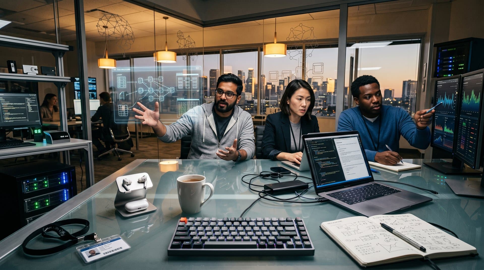 Fintech lab with AI code screens, transaction graphs, server racks, and holographic payment prototypes in modern workspace