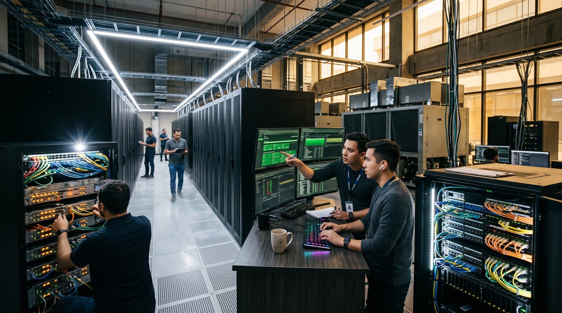 High-tech data center racks and consoles displaying SQLite 0.7ms latency dashboards with glowing fiber optics and server components