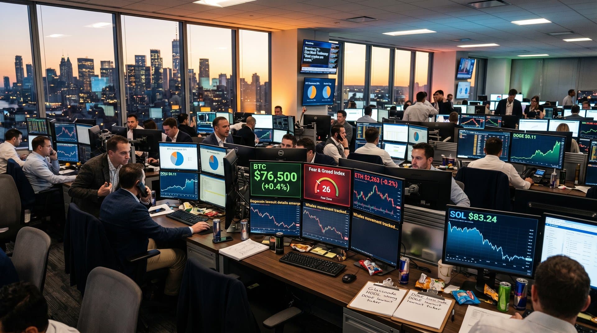 Traders monitor crypto charts showing Bitcoin at $76,500 and market fear indicators on trading floor