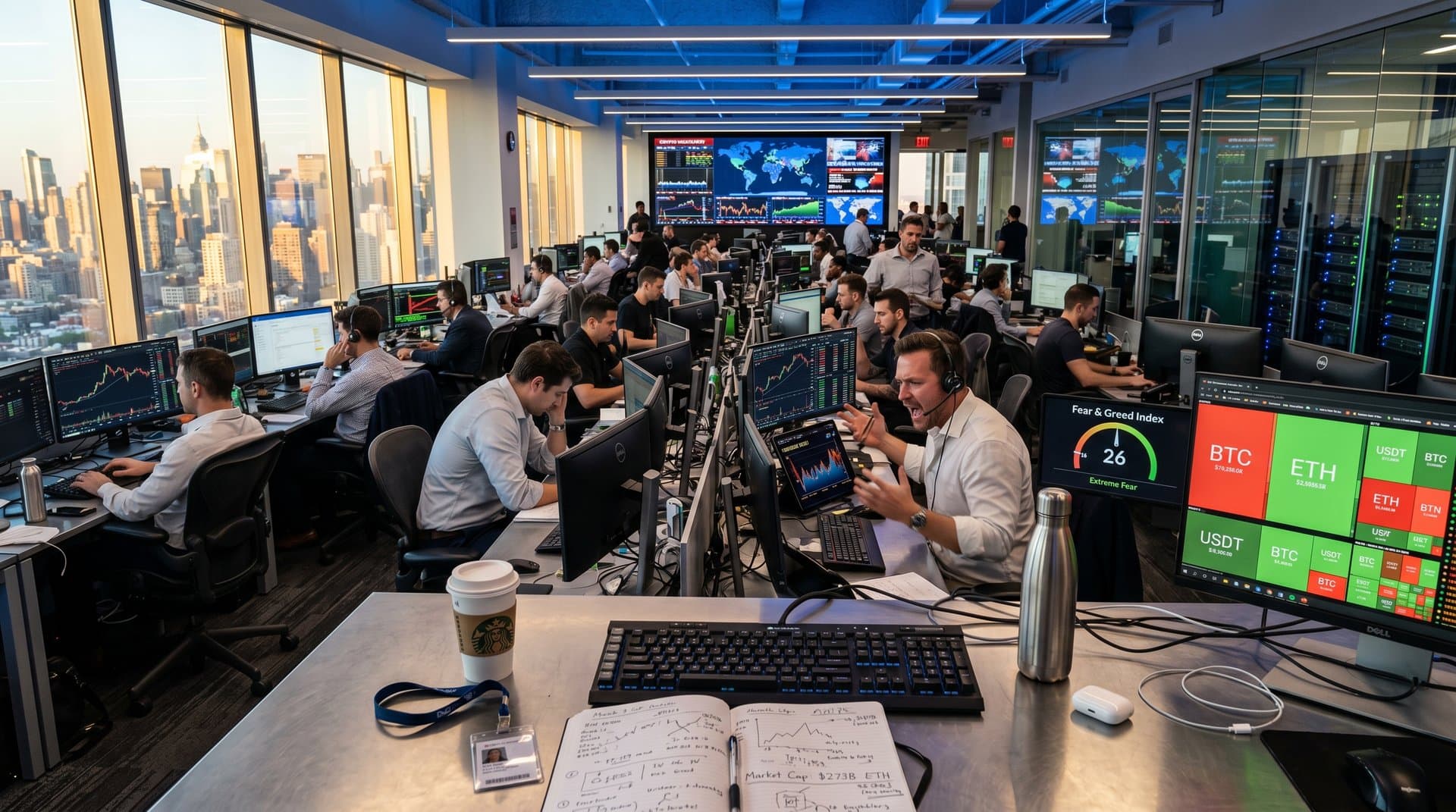 Trading floor screens showing Ethereum price at $2,266, Fear & Greed 26, BTC tickers, and crypto volatility charts in modern fintech environment