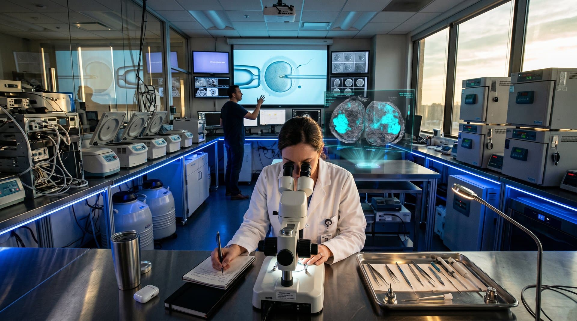 Biotech lab microscope reveals sperm cells with ultrasound maps and ICSI tech overlays