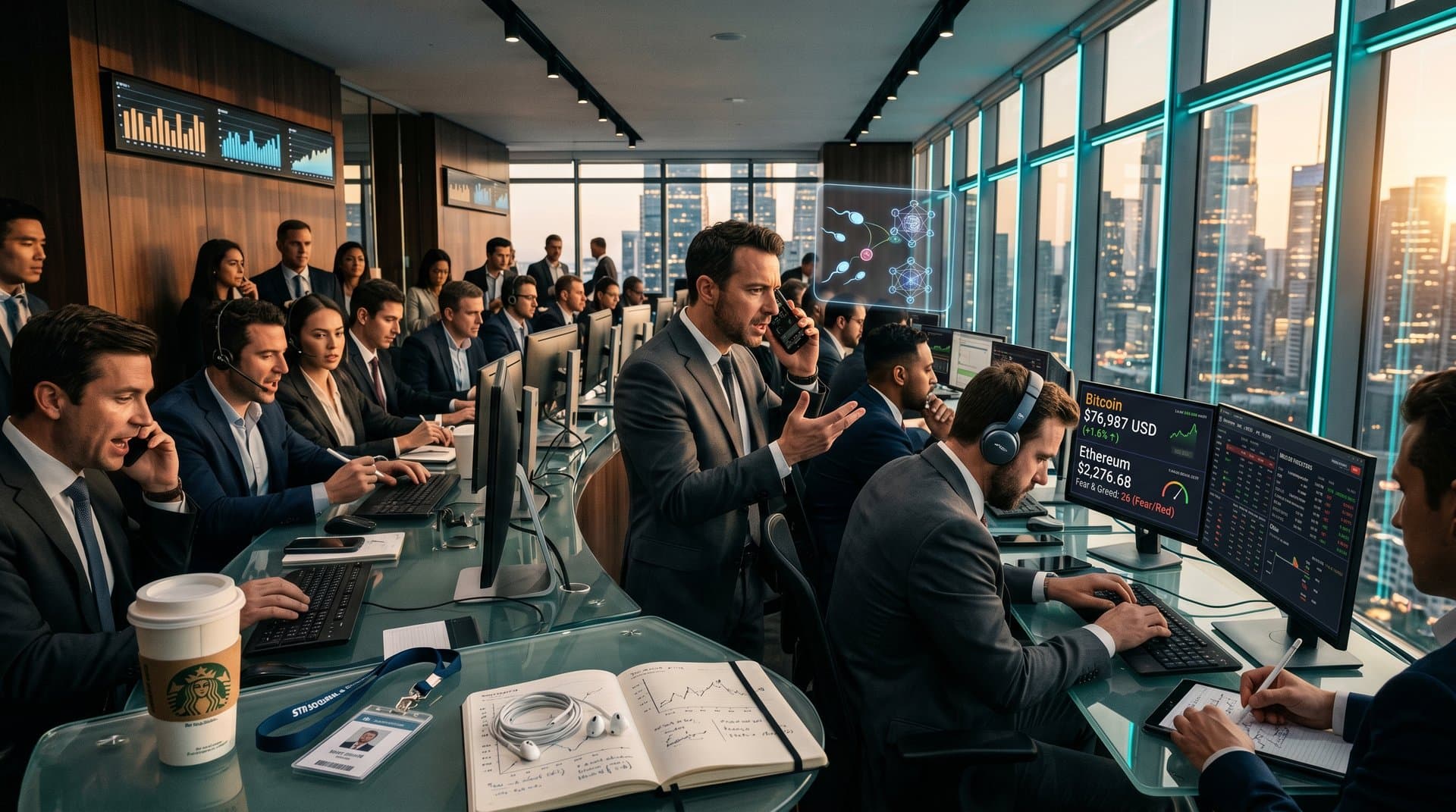 Fintech traders analyze screens with BTC at $76,987, Fear Index 26, and fertility biotech charts on busy trading floor