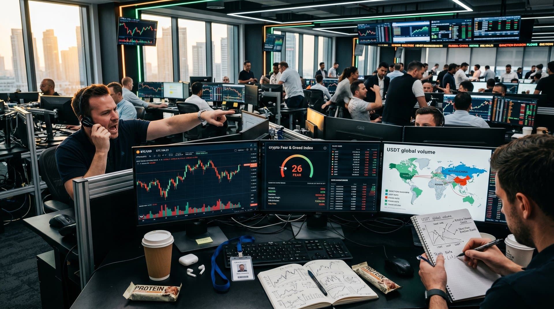 Trading screens show Bitcoin at $77K, stablecoin charts, and sanctions maps in high-energy financial environment