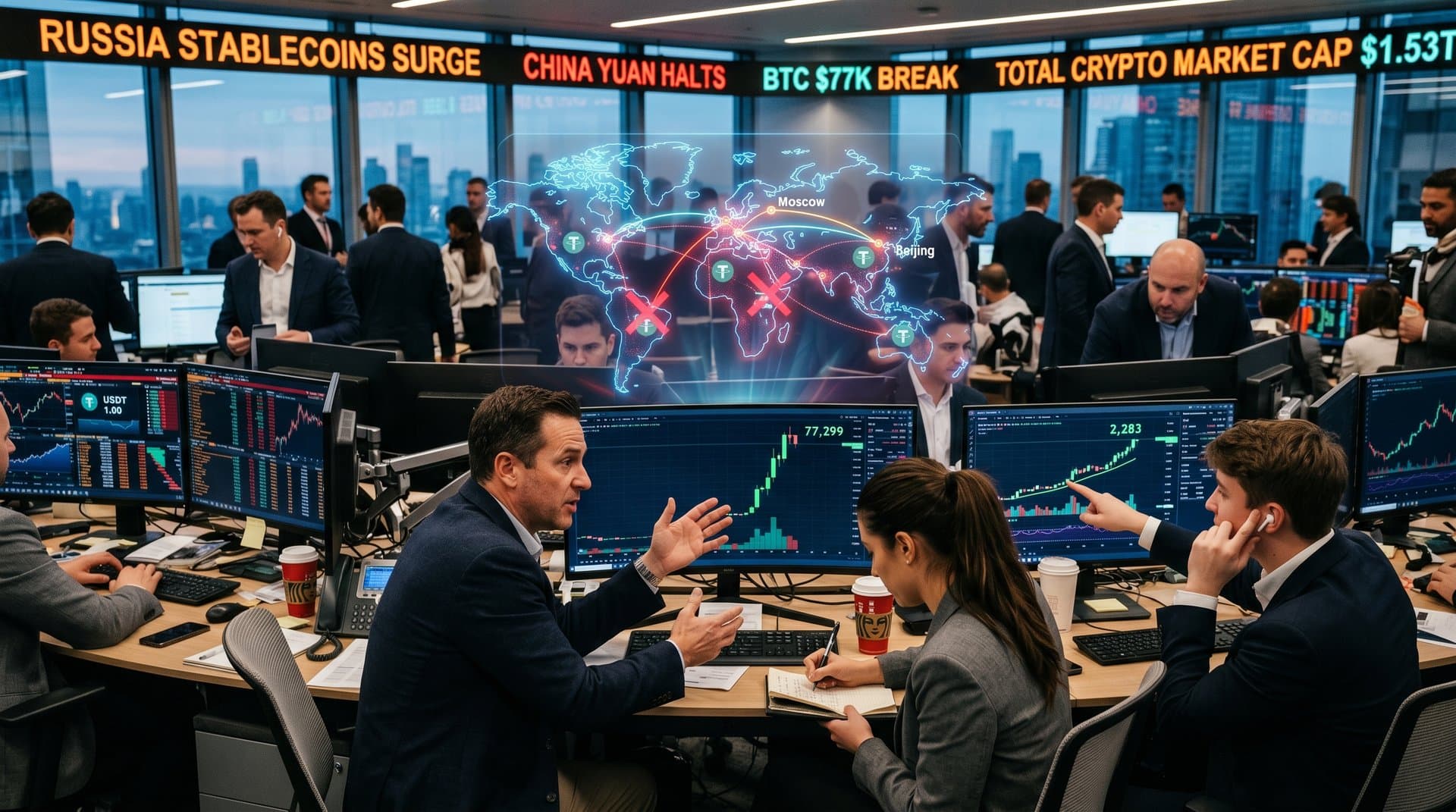 Trading screens displaying BTC at $77K, stable USDT, Russia stablecoins sanctions headlines, and blockchain trade maps