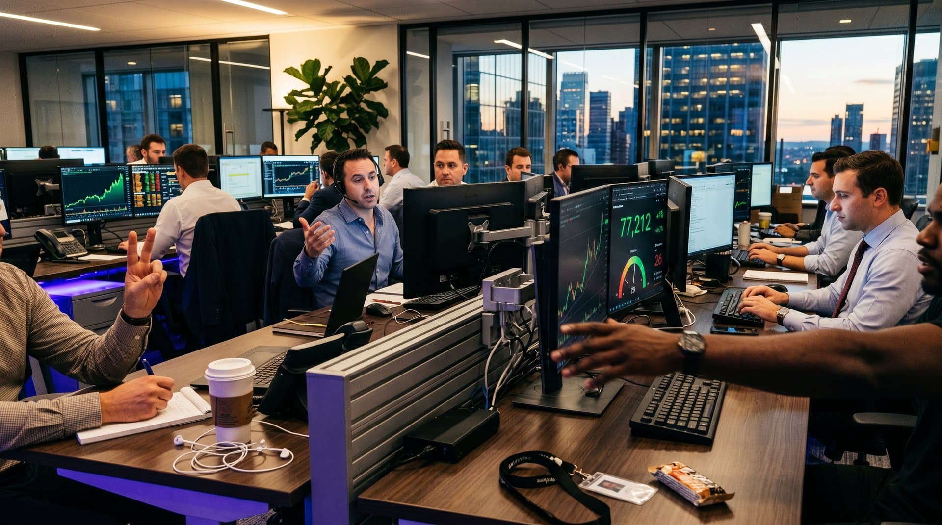 Trading desks with Bloomberg screens showing cryptocurrency stocks surge, Bitcoin at $77K, HYPE +4%, blockchain charts, and Manhattan skyline