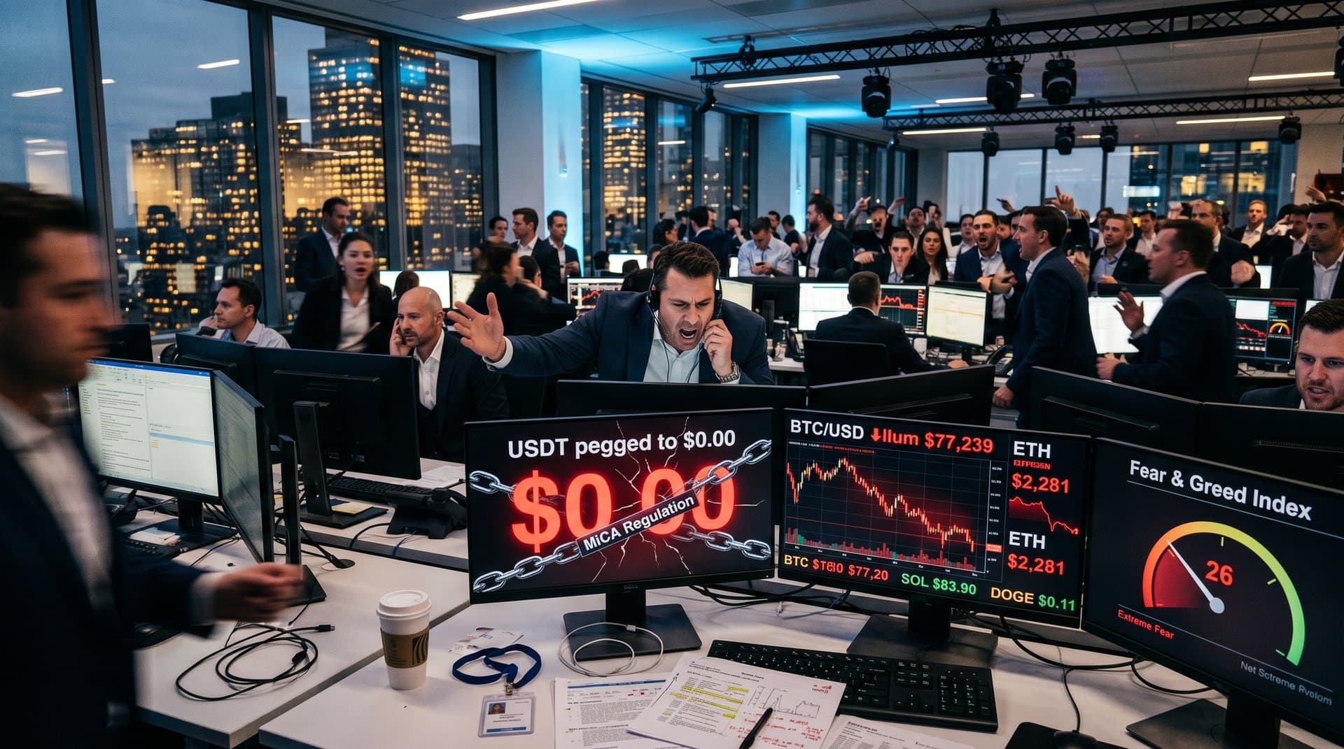 Cryptocurrency traders on a high-tech floor analyze USDT price at $1.00, BTC charts, and Fear & Greed Index at 26 amid MiCA concerns