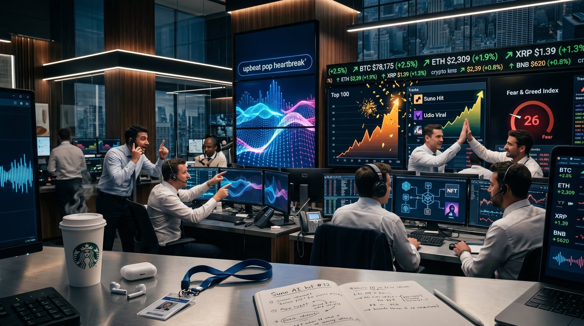 AI music waveforms, neural networks, Billboard charts, and crypto tickers in futuristic digital scene