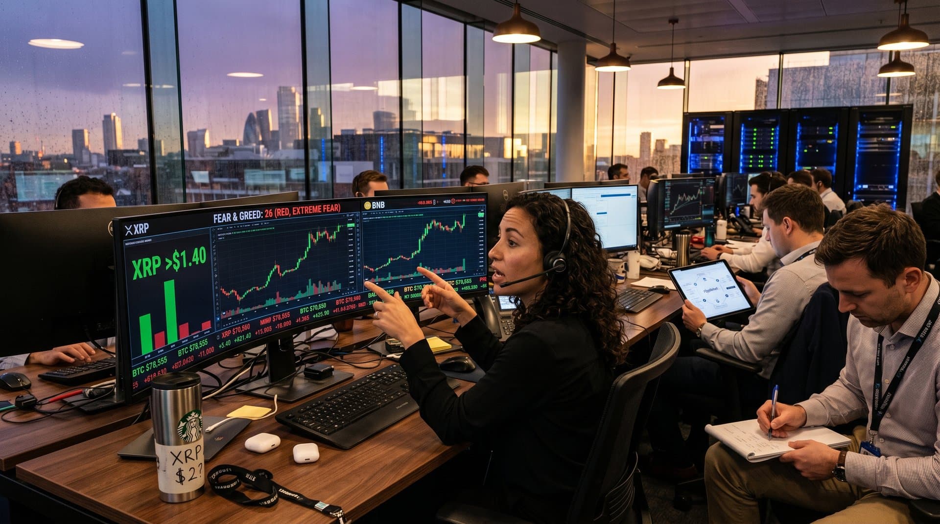 Trading floor with monitors showing surging XRP and BTC charts, Bloomberg terminals, and city skyline view