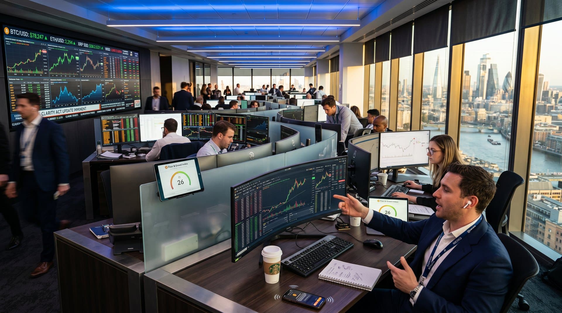 Traders at financial desk scrutinize terminals showing BTC $78,247 charts and Clarity Act alerts amid busy trading floor