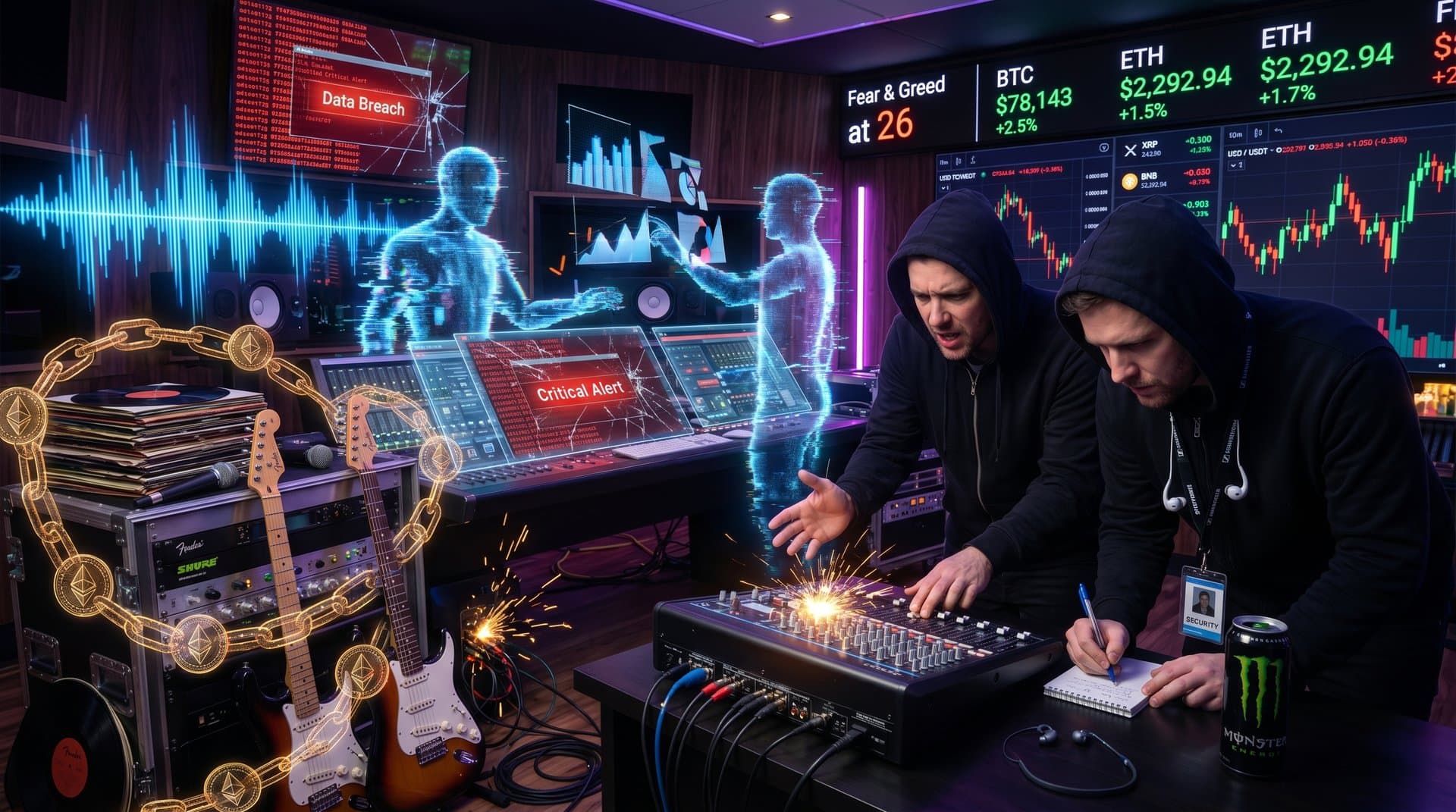 Holographic AI music waveforms clash with cybersecurity alerts and blockchain chains amid crypto charts