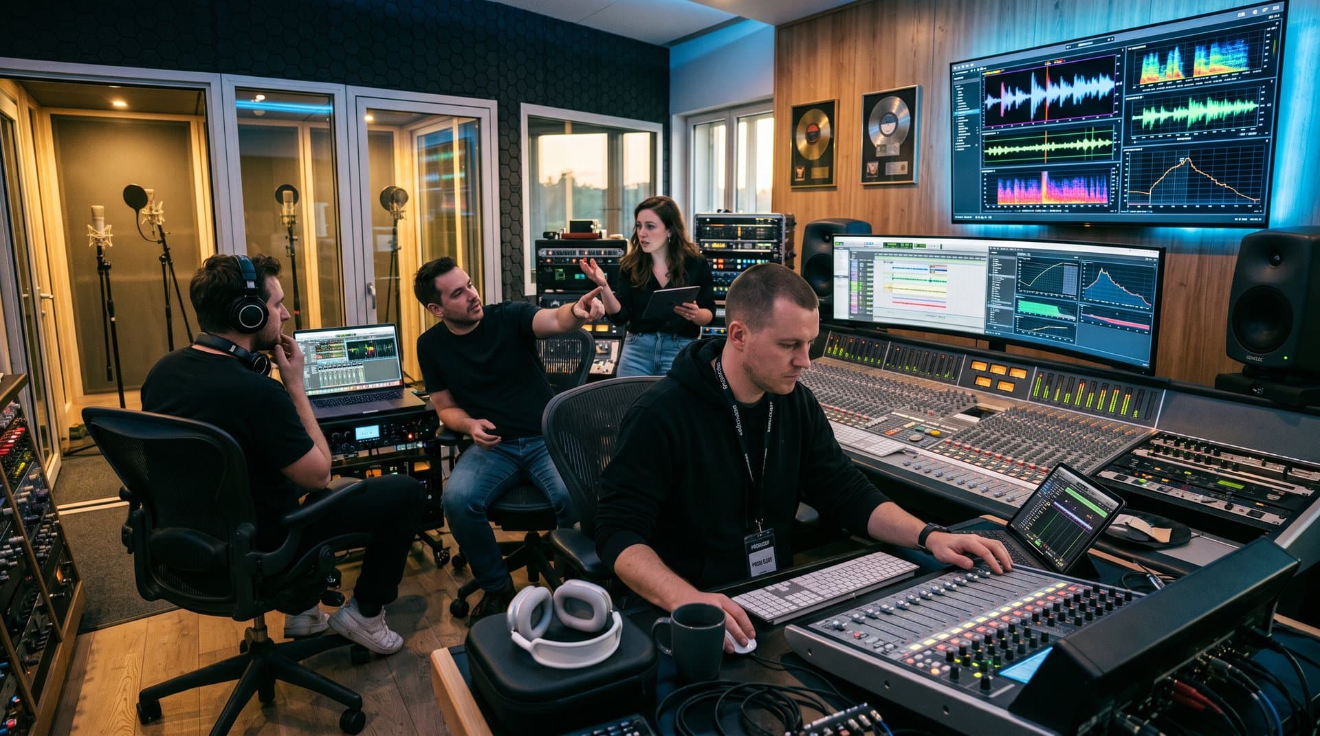 Engineers in high-tech studio analyze AI ghost singer vocal tracks on mixing console and monitors