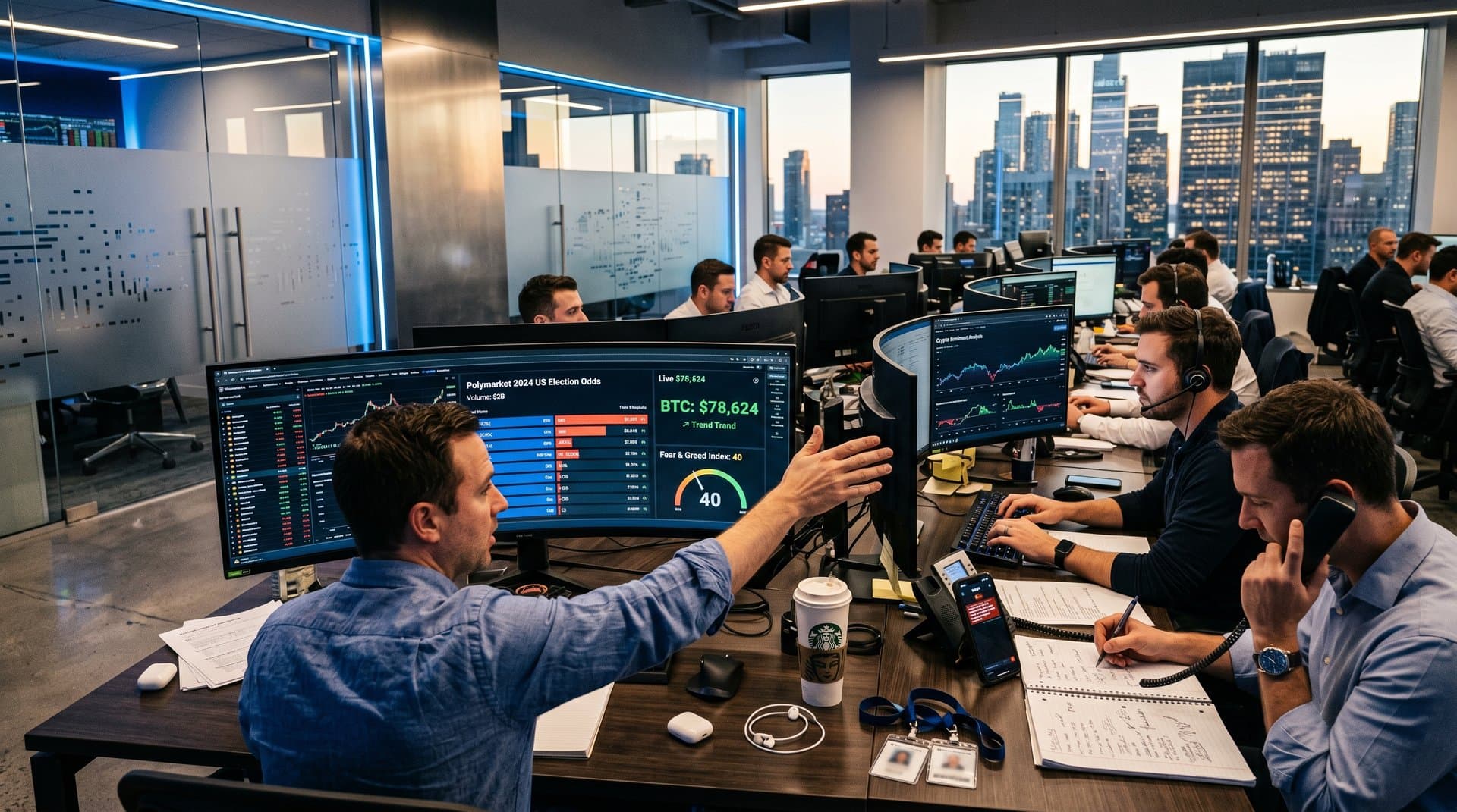 Trading floor monitors show Polymarket odds, BTC at $78K, Fear 40, and AI charts in busy crypto market atmosphere