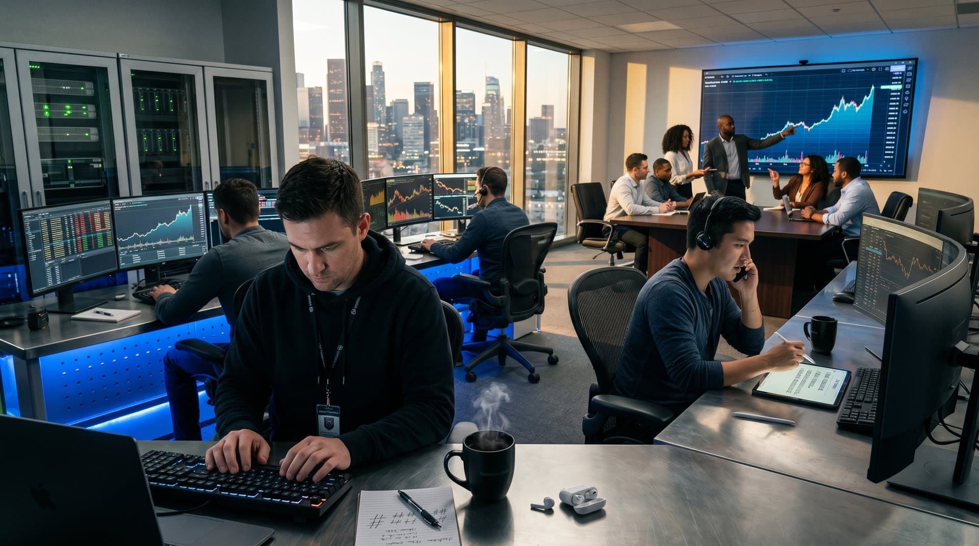Analysts at Chainalysis ops center study blockchain graphs on multi-monitor setups amid server racks and city skyline views