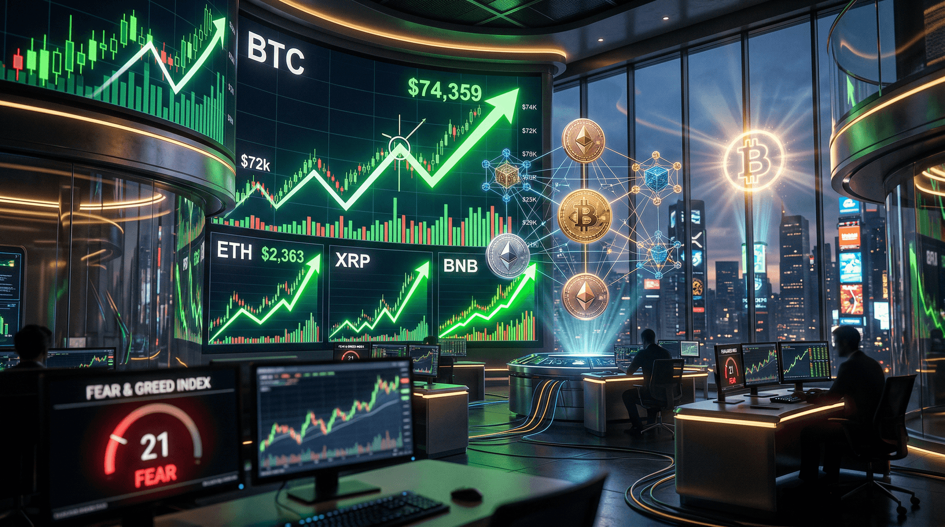 Bitcoin Rally Hits New High at $74,359 (+4.9%), Ethereum Surges 7.9%