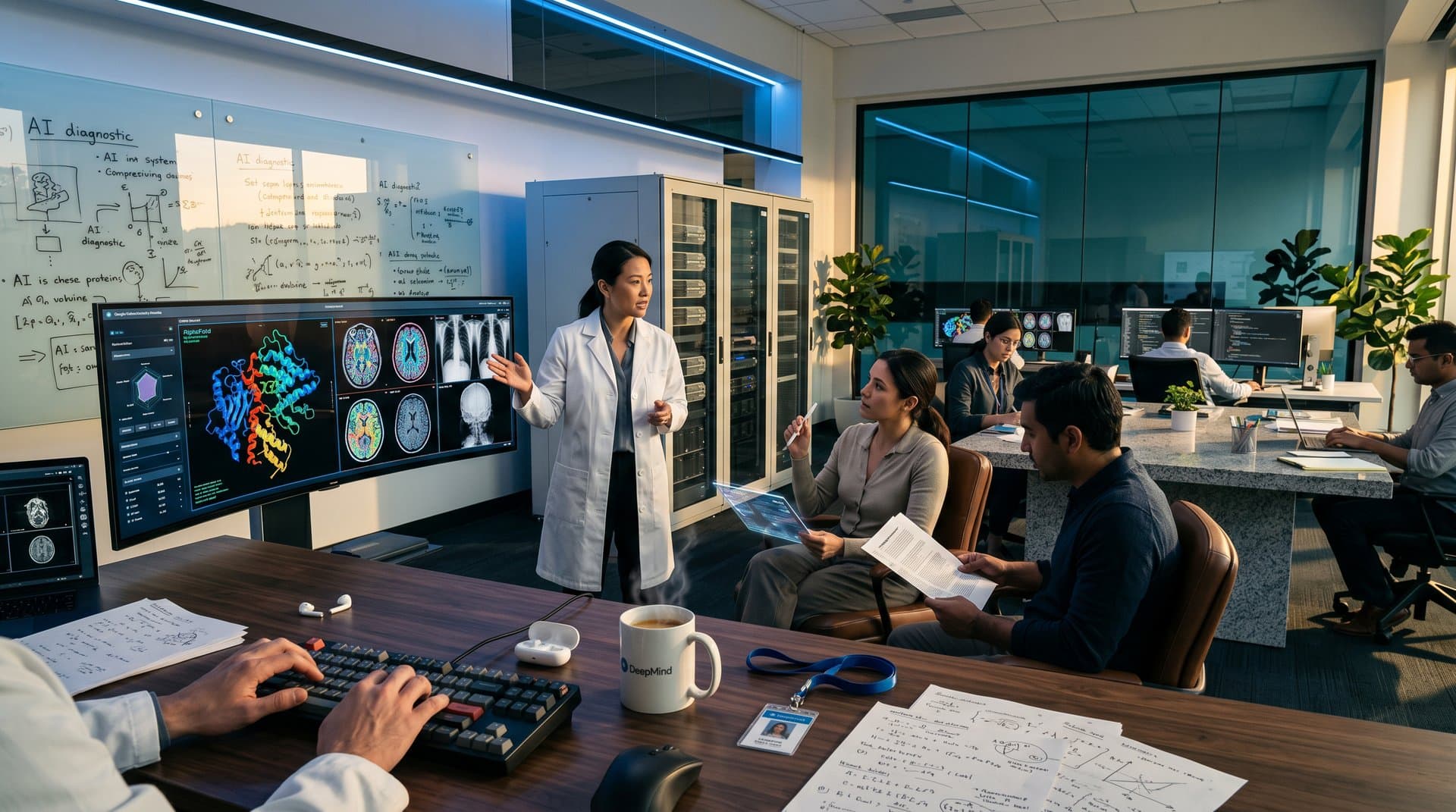 High-tech lab with curved monitor showing AI protein models, MRI scans, server racks, and modern desks in Google DeepMind style